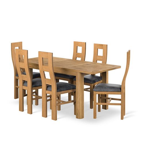 Romsey Natural Solid Oak 4ft 3 Extending Dining Table + 6 Wave Back Natural Solid Oak Chair with Vintage Black Leather Look Fabric Seat