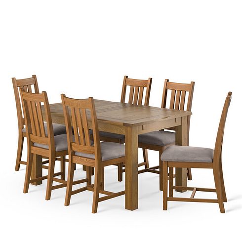 Rushmere Rustic Extending Dining Table and 6 Classic Rustic Oak Chair with Dappled Beige Fabric Seat