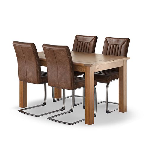 Rushmere Rustic Oak Extending Dining Table + 4 Bailey Vintage Tan Dining Chairs with Steel Metal Frame