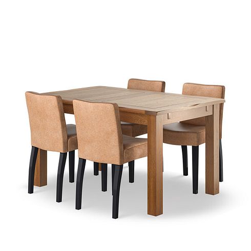 Rushmere Rustic Oak Extending Dining Table + 4 Scroll Back Chairs in Vintage Tan Leather Look Fabric with Oak Legs