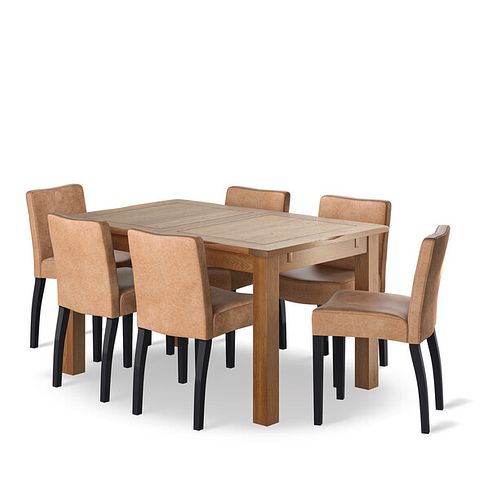 Rushmere Rustic Oak Extending Dining Table + 6 Scroll Back Chairs in Vintage Tan Leather Look Fabric with Oak Legs