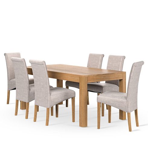 Savannah Hevea Dining Table and 6 Scroll-Back Chairs in Mink Fabric
