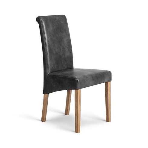 Scroll Back Chair in Vintage Black Leather Look Fabric with Oak Legs