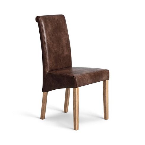 Scroll Back Chair in Vintage Brown Leather Look Fabric with Oak Legs