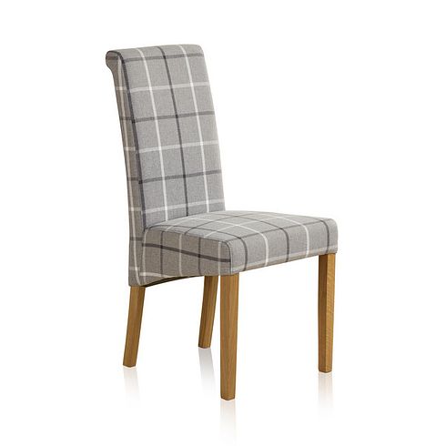 Scroll Back Chair in Checked Granite Fabric with Solid Oak Legs