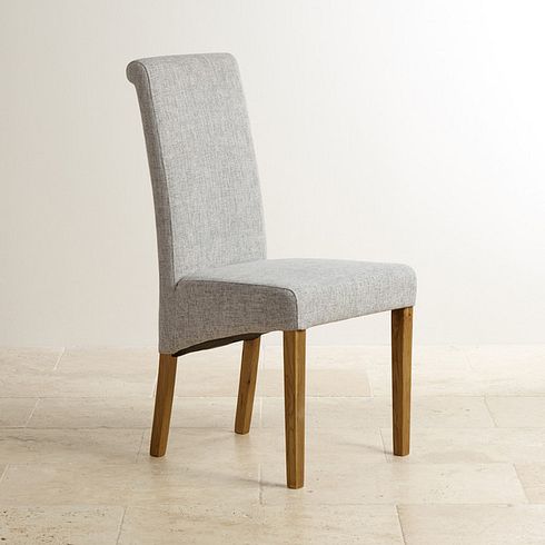 Scroll Back Chair in Plain Grey Fabric with Solid Oak Legs
