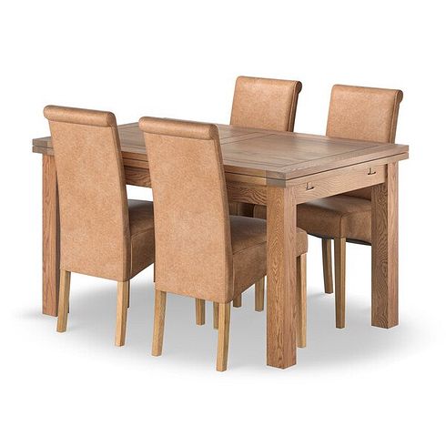 Sherwood Rustic Oak 4ft 7" Extending Dining Table + 4 Scroll Back Chairs in Vintage Tan Leather Look Fabric