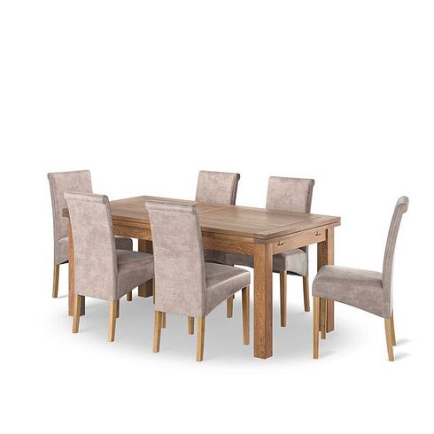 Sherwood Rustic Oak 6ft Extending Dining Table + 6 Scroll Back Chairs in Heritage Mink Velvet with Oak Legs