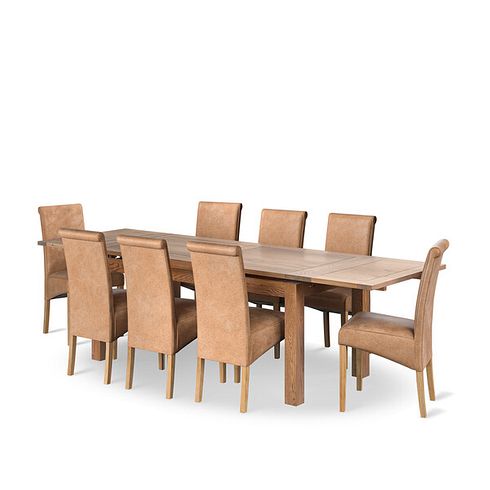 Sherwood Rustic Oak 6ft Extending Dining Table + 8 Scroll Back Chairs in Vintage Tan Leather Look Fabric with Oak Legs