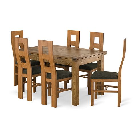 Sherwood Rustic Oak Extending Dining Table And 6 Wave Backs In Verona Green 