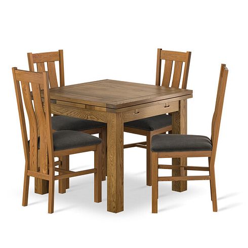 Sherwood Rustic Solid Oak 3ft x 3ft Extending Dining Table + 4 Arched Back Rustic Solid Oak Chair with Verona Chocolate Fabric Seat