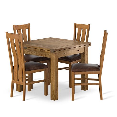 Sherwood Rustic Solid Oak 3ft x 3ft Extending Dining Table + 4 Arched Back Rustic Solid Oak Chair with Vintage Brown Leather Look Fabric Seat