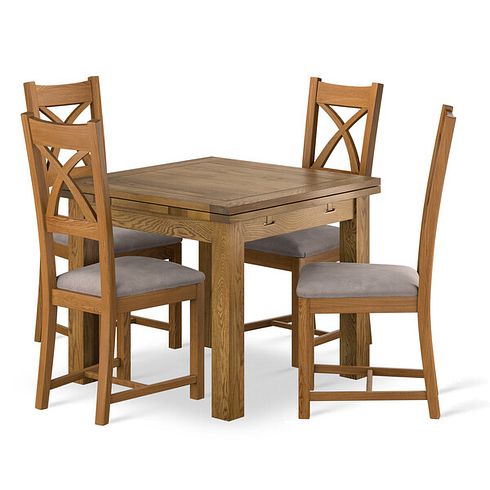 Sherwood Rustic Solid Oak 3ft x 3ft Extending Dining Table + 4 Cross Back Rustic Solid Oak Chair with Dappled Beige Fabric Seat