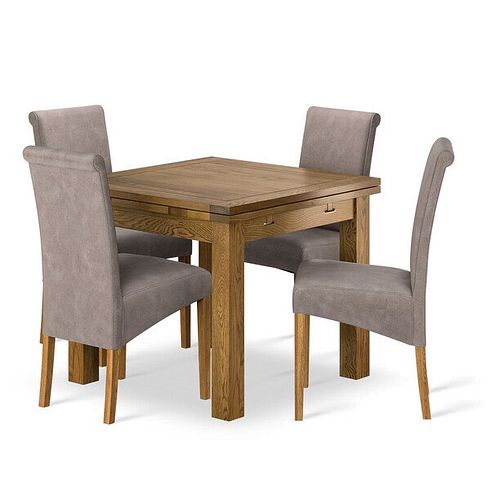 Sherwood Rustic Solid Oak 3ft x 3ft Extending Dining Table + 4 Scroll Back Chair in Dappled Beige Fabric  with Solid Oak Legs