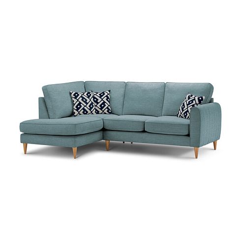Thornley Right Hand Corner Chaise Sofa in Ruby Teal Fabric with Navy Scatter Cushions