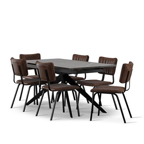 Trento Grey Ceramic Extending Dining Table + 6 Mason Chairs Vintage Brown Leather-Look fabric with Black Legs