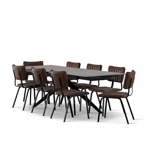 Trento Grey Ceramic Extending Dining Table + 8 Mason Chairs Vintage Brown Leather-Look fabric with Black Legs