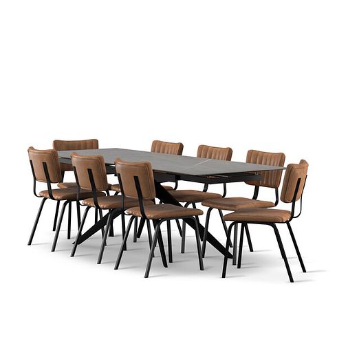 Trento Grey Ceramic Extending Dining Table + 8 Mason Chairs Vintage Tan Leather-Look fabric with Black Legs