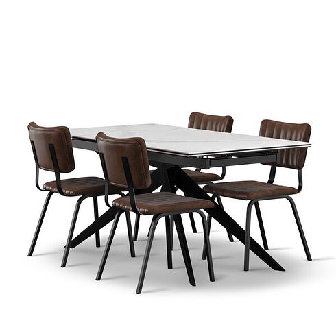 Trento White Ceramic Extending Dining Table + 4 Mason Chairs Vintage Brown Leather-Look fabric with Black Legs