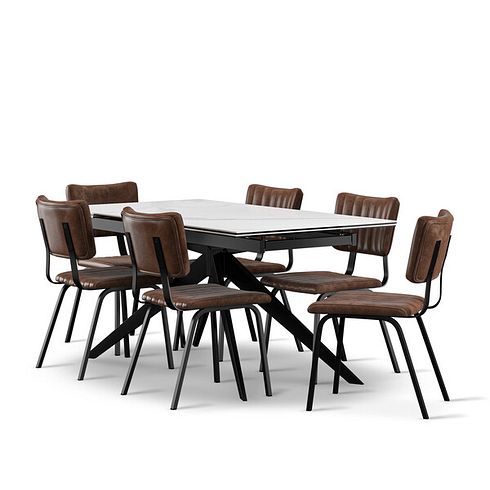 Trento White Ceramic Extending Dining Table + 6 Mason Chairs Vintage Brown Leather-Look fabric with Black Legs