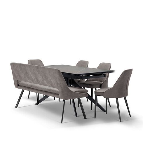 Trento Grey Ceramic Dining Table with 1 Dark Grey Nico Bench and 4 Dark Grey Aria Chairs