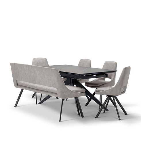 Trento Grey Ceramic Dining Table with 1 Light Grey Nico Bench and 4 Light Grey Nico Chairs