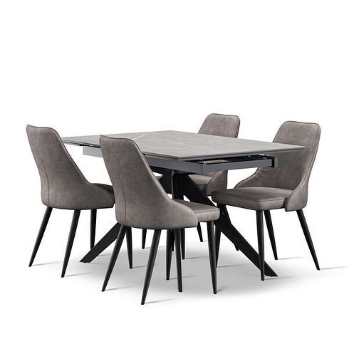 Trento Grey Ceramic Extendable Dining Table 130cm + 4 Aria Dining Chair in Dark Grey with Black Metal Legs