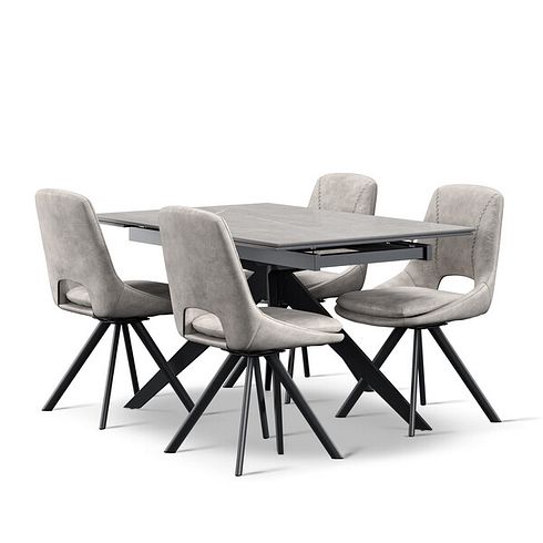 Trento Grey Ceramic Extendable Dining Table 130cm + 4 Nico Swivel Dining Chair in Light Grey with Black Metal Legs