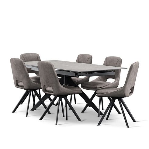 Trento Grey Ceramic Extendable Dining Table 130cm + 6 Nico Swivel Dining Chair in Dark Grey with Black Metal Legs