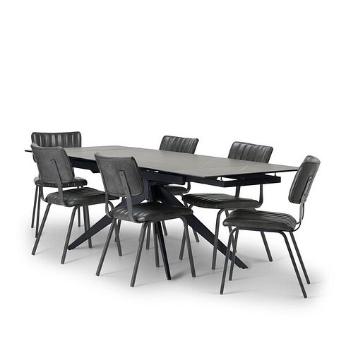 Trento Grey Ceramic Extending Dining Table + 6 Mason Chairs Vintage Black Leather-Look fabric with Black Legs