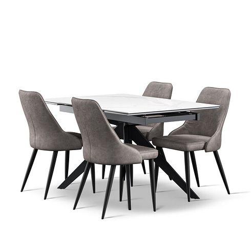 Trento White Ceramic Extendable Dining Table 130cm + 4 Aria Dining Chair in Dark Grey with Black Metal Legs