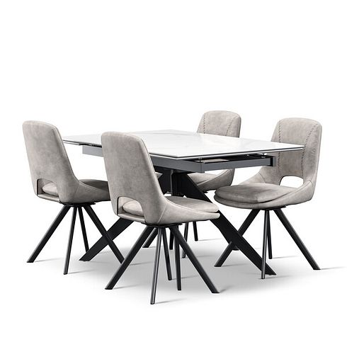 Trento White Ceramic Extendable Dining Table 130cm + 4 Nico Swivel Dining Chair in Light Grey with Black Metal Legs