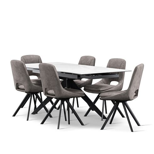 Trento White Ceramic Extendable Dining Table 130cm + 6 Nico Swivel Dining Chair in Dark Grey with Black Metal Legs