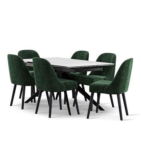 Trento White Ceramic Extending Dining Table + 6 Bette Chairs with Black Legs in Heritage Bottle Green Velvet