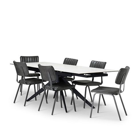 Trento White Ceramic Extending Dining Table + 6 Mason Chairs Vintage Black Leather-Look fabric with Black Legs
