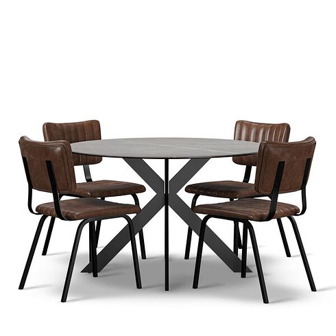 Venice Grey Ceramic Round Dining Table + 4 Mason Chairs Vintage Brown Leather-Look fabric with Black Legs