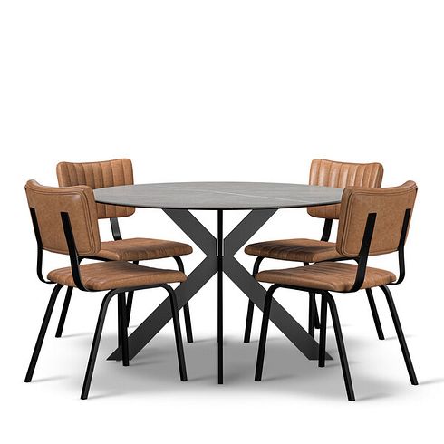 Venice Grey Ceramic Round Dining Table + 4 Mason Chairs Vintage Tan Leather-Look fabric with Black Legs