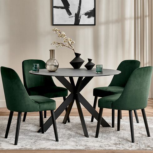 Venice Grey Ceramic Round Dining Table + 4 Bette Chair with Black Legs in Heritage Bottle Green Velvet