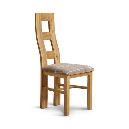 Wave Back Natural Solid Oak Chair with Checked Beige Fabric Seat