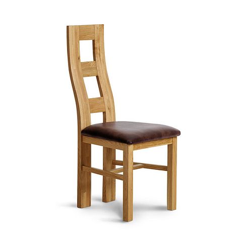 Wave Back Natural Solid Oak Chair with Vintage Brown Leather Look Fabric Seat