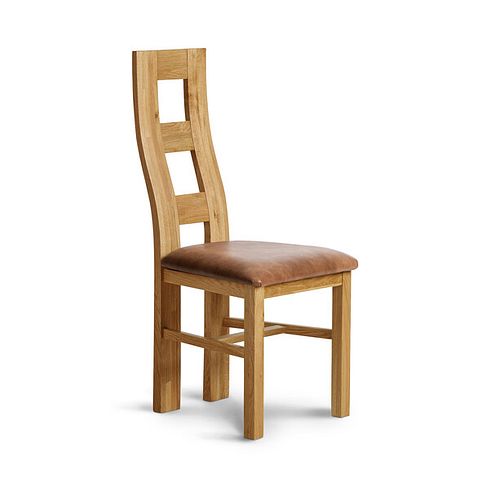 Wave Back Natural Solid Oak Chair with Vintage Tan Leather Look Fabric Seat