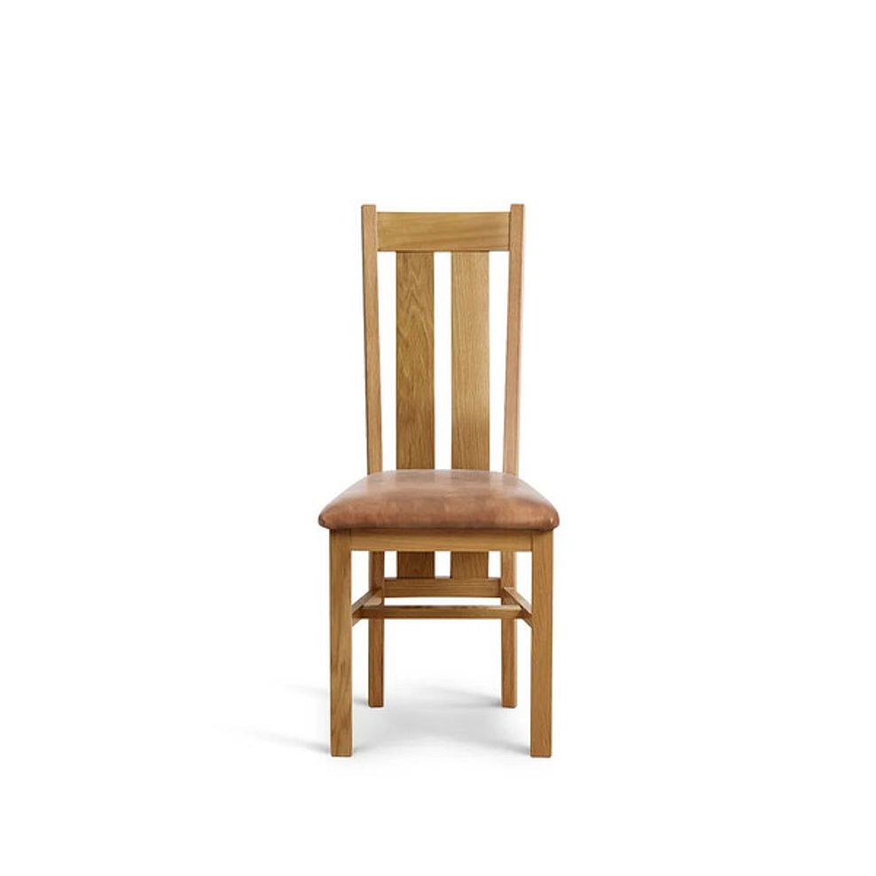 Durham Natural Oak Round Dining Table 120cm + 4 Arched Back Natural Solid Oak Chair with Vintage Tan Leather Look Fabric Seat 7