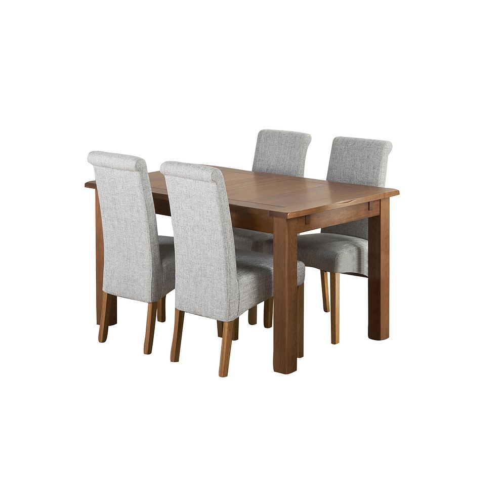 Rushmere Rustic Solid Oak Extending Table and 4 Scroll Back Chairs in Plain Grey Fabric 1