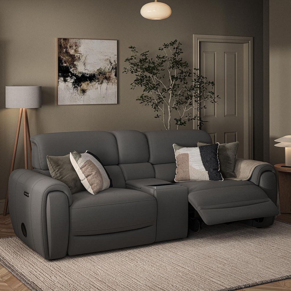 Arabella 3 Seater Recliner Console Sofa with Smart Screen in Elephant Grey Leather 3