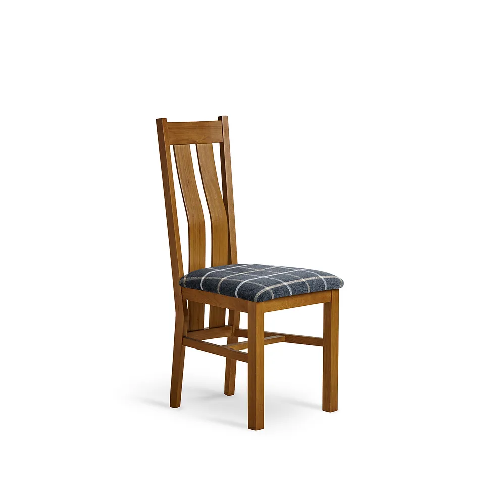 Arched Back Rustic Solid Oak Chair with Checked Slate Grey Fabric Seat 1