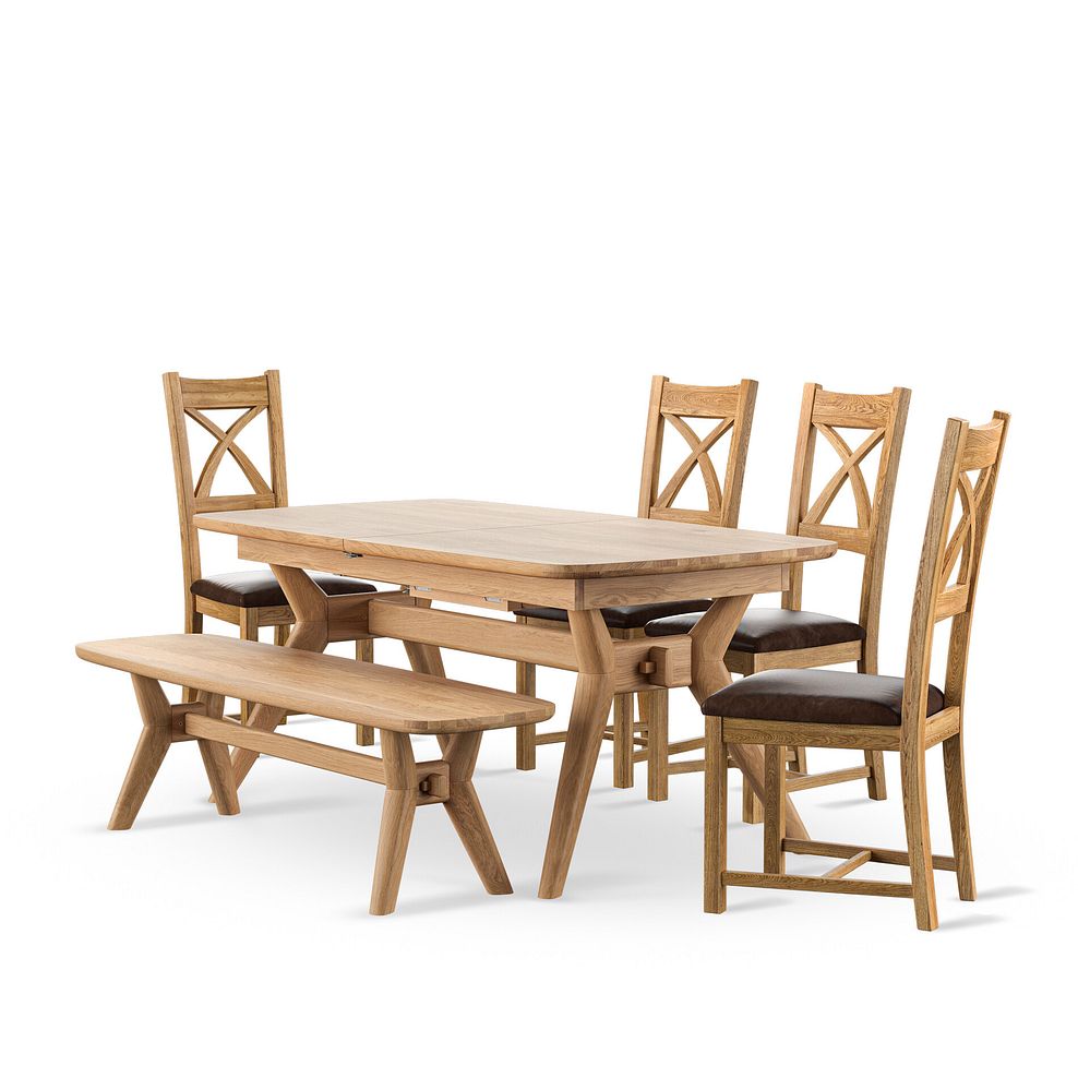 Bentley Natural Oak Extending Dining Table And 4 Cross Back Chairs with Vintage Brown Seat Pads and 1 Bentley Bench 1