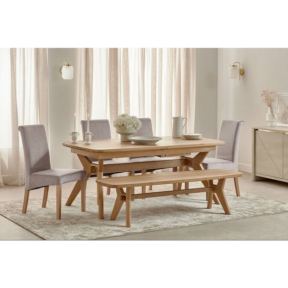Bentley Natural Oak Extending Dining Table + 1 Bentley Bench and 4 Scroll Back Heritage Mink Chairs 1