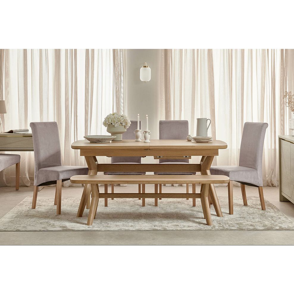 Bentley Natural Oak Extending Dining Table + 1 Bentley Bench and 4 Scroll Back Heritage Mink Chairs 2