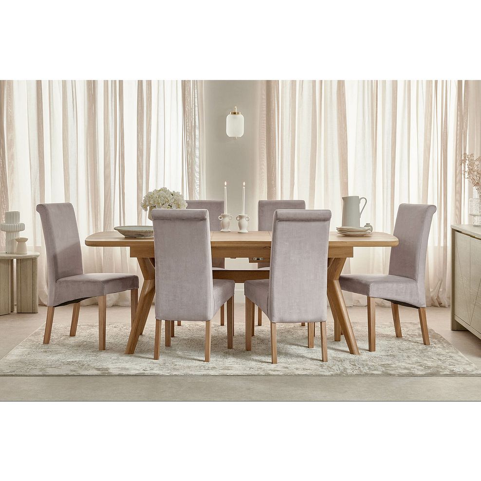 Bentley Natural Oak Extending Dining Table + 6 Scroll Back Chairs in Heritage Mink Velvet with Oak Legs 1