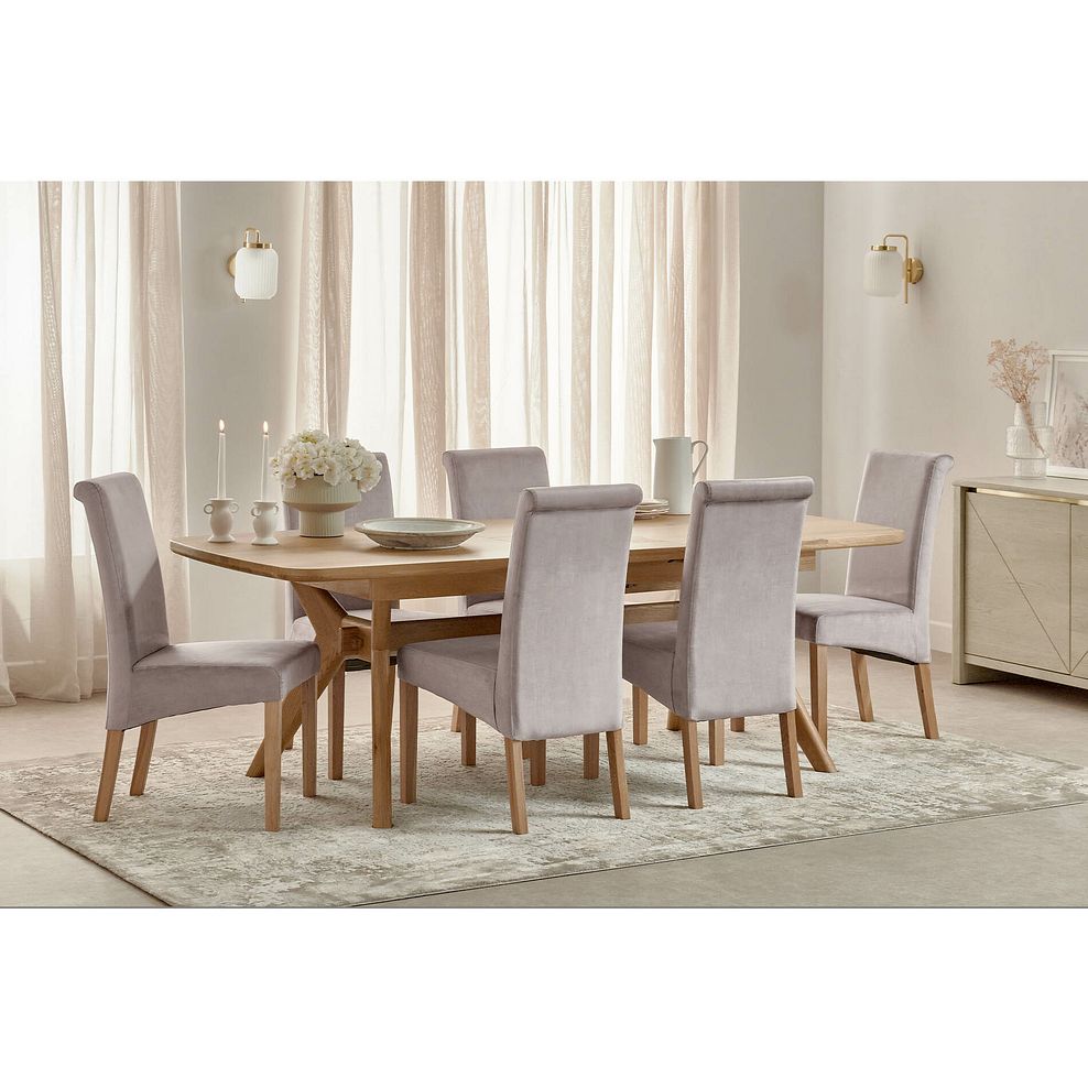 Bentley Natural Oak Extending Dining Table + 6 Scroll Back Chairs in Heritage Mink Velvet with Oak Legs 2
